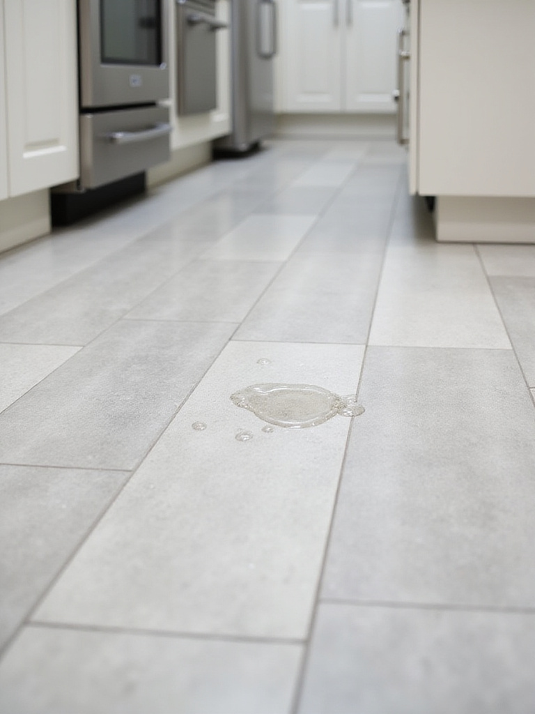 Kitchen floor made of grey porcelain tiles with a water spill beading on the surface, demonstrating the tile's water resistance.
