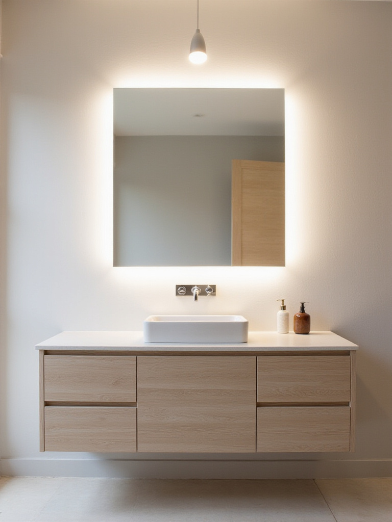Modern bathroom with floating wood vanity and frameless LED backlit mirror.