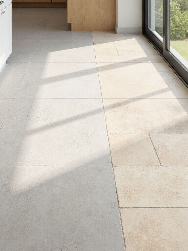 Comparison of kitchen floor tiles showing sections of light gray porcelain, warm beige ceramic, and natural travertine stone tiles under natural light.