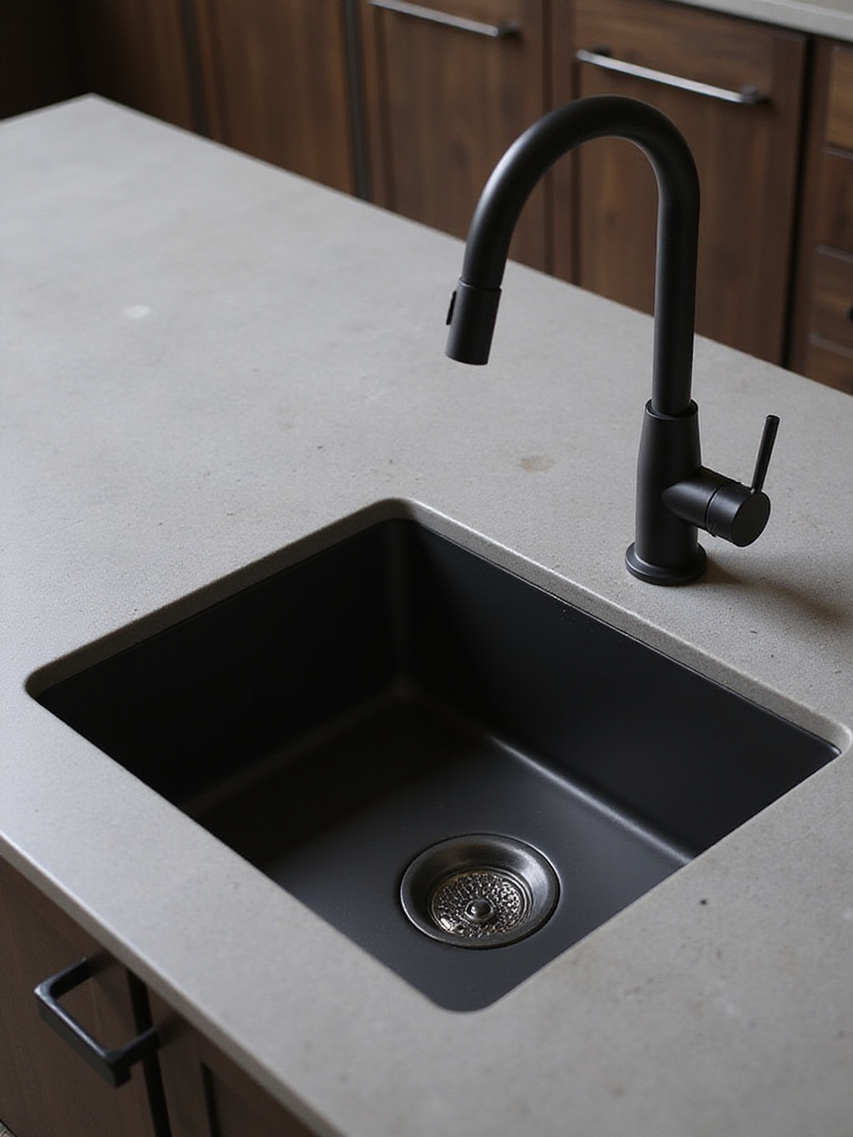 Modern kitchen with matte black stainless steel sink and light grey quartz countertop.