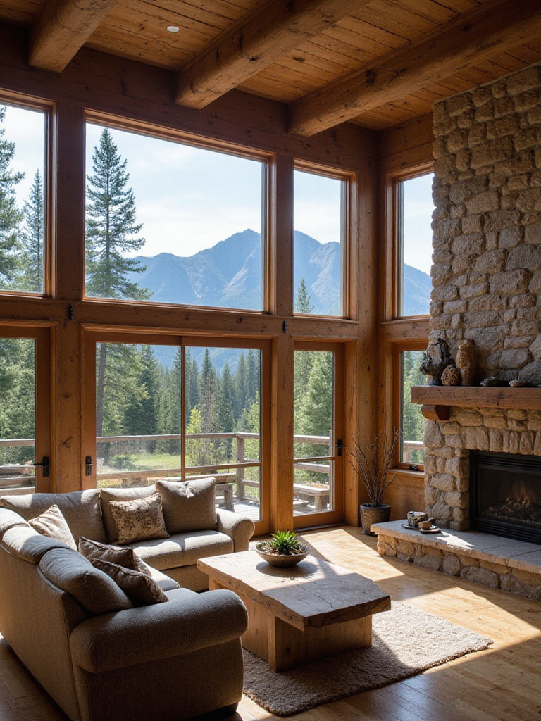 Rustic living room with large windows overlooking a mountain and forest view, filled with bright natural light.
