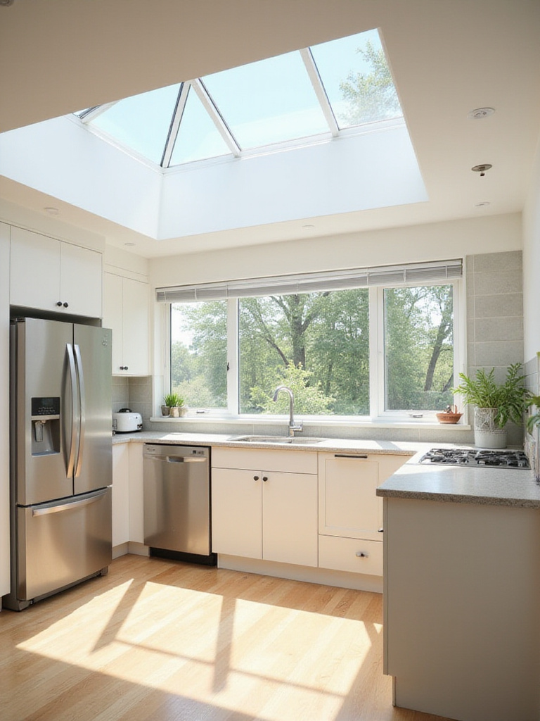 Bright modern kitchen with natural light streaming through skylight and window