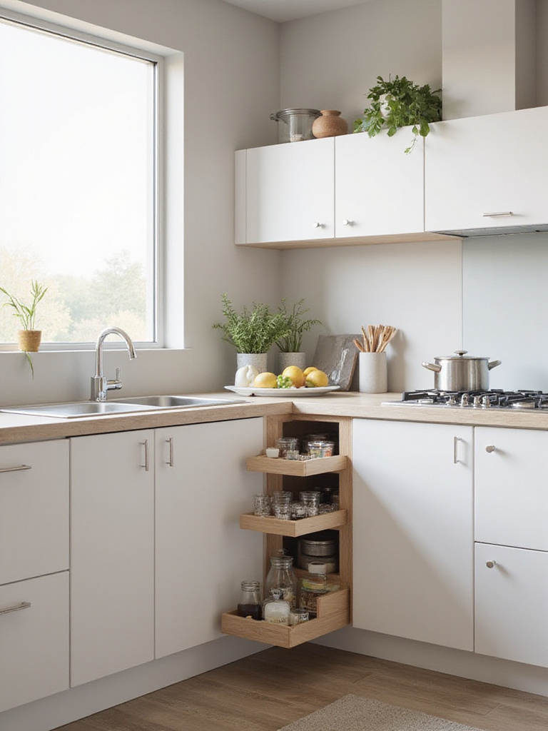 Modern kitchen corner showcasing clever storage solutions with a base cabinet pull-out organizer and a wall corner cabinet.