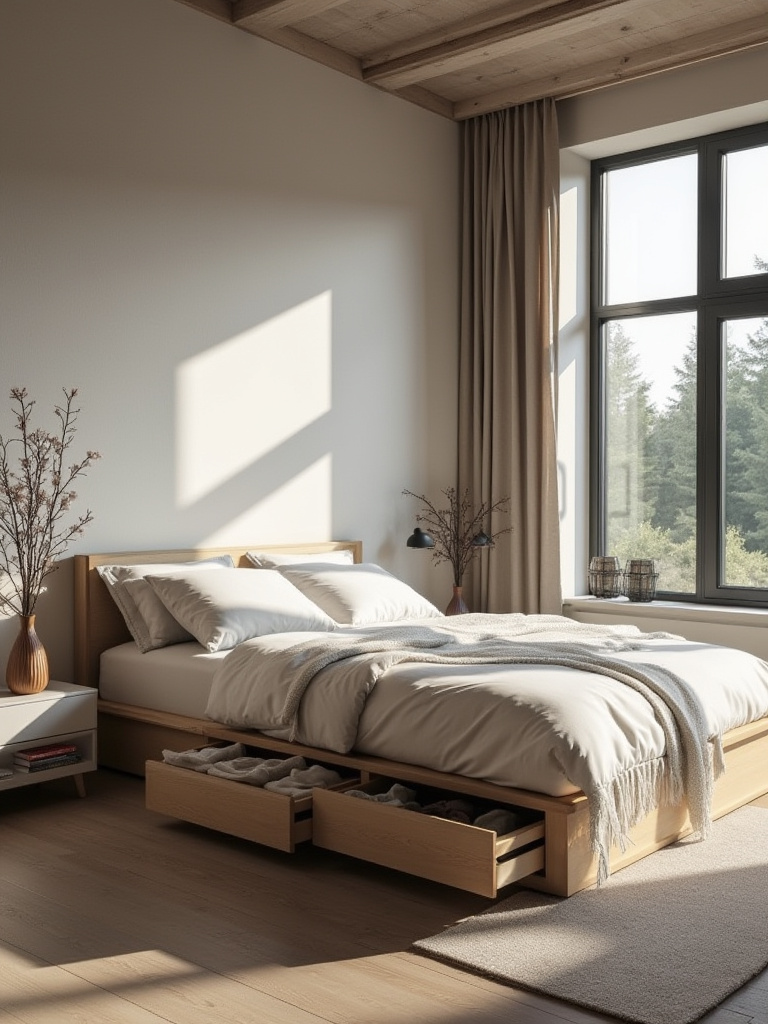 Modern bedroom showcasing hidden storage solutions with a minimalist design.