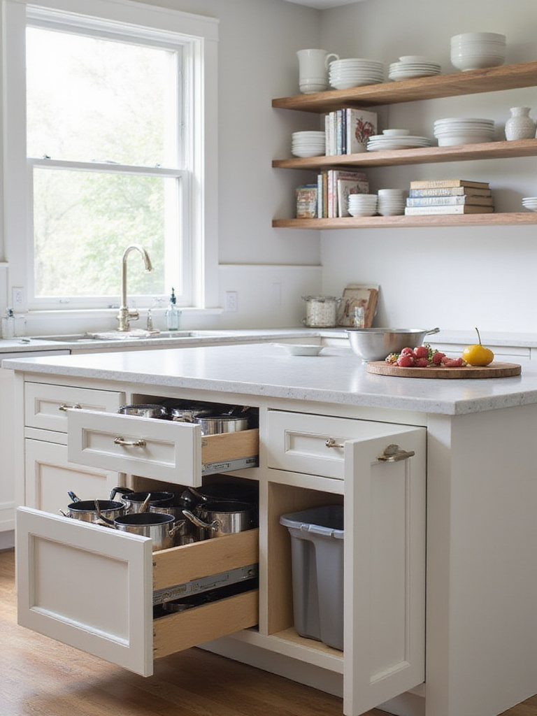 Modern kitchen island showcasing varied storage: deep pull-out drawers, open shelving, and pull-out bins.