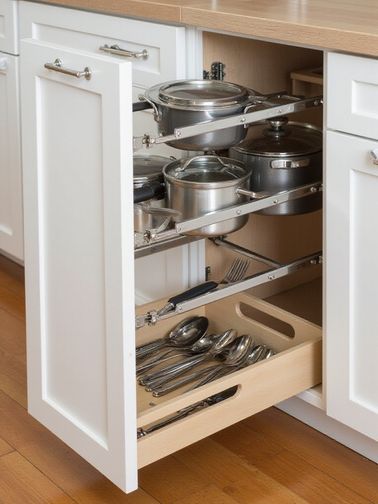 Interior of a kitchen cabinet or drawer fitted with smart pull-out shelves or organizers, showcasing maximized and accessible storage.