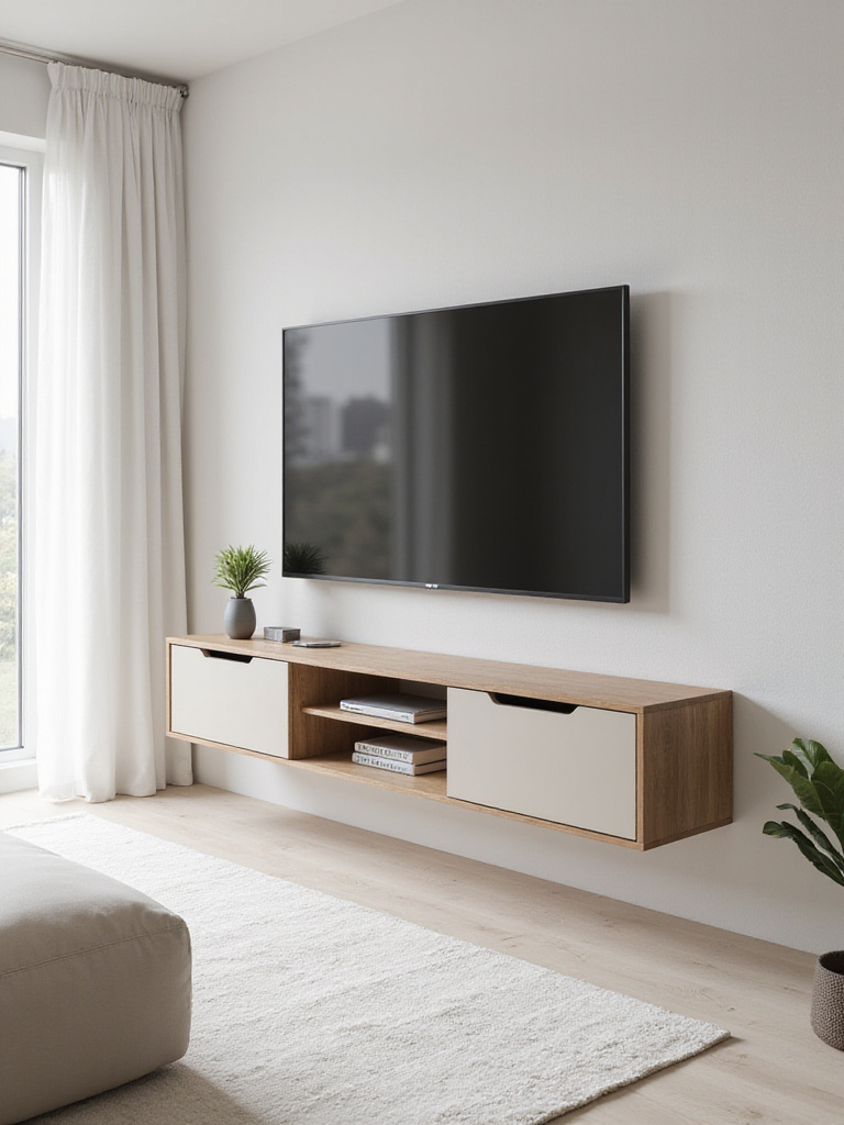 A minimalist living room featuring a sleek, low-profile media console with hidden storage, clean lines, and a natural wood finish, supporting a wall-mounted television in a calm, uncluttered space.