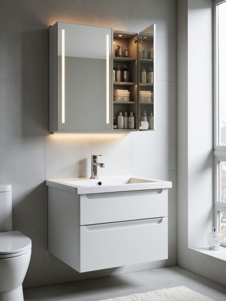 Modern bathroom with frameless mirror cabinet offering storage and reflection.