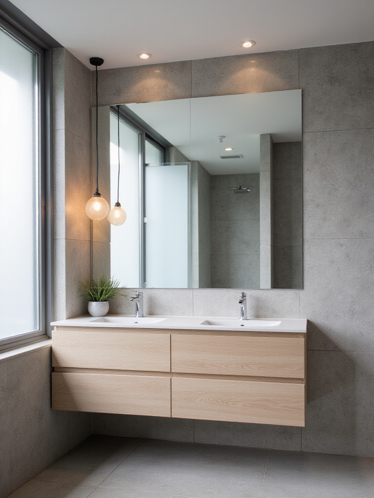 Small bathroom with large frameless mirror over vanity, reflecting light and creating a sense of spaciousness.