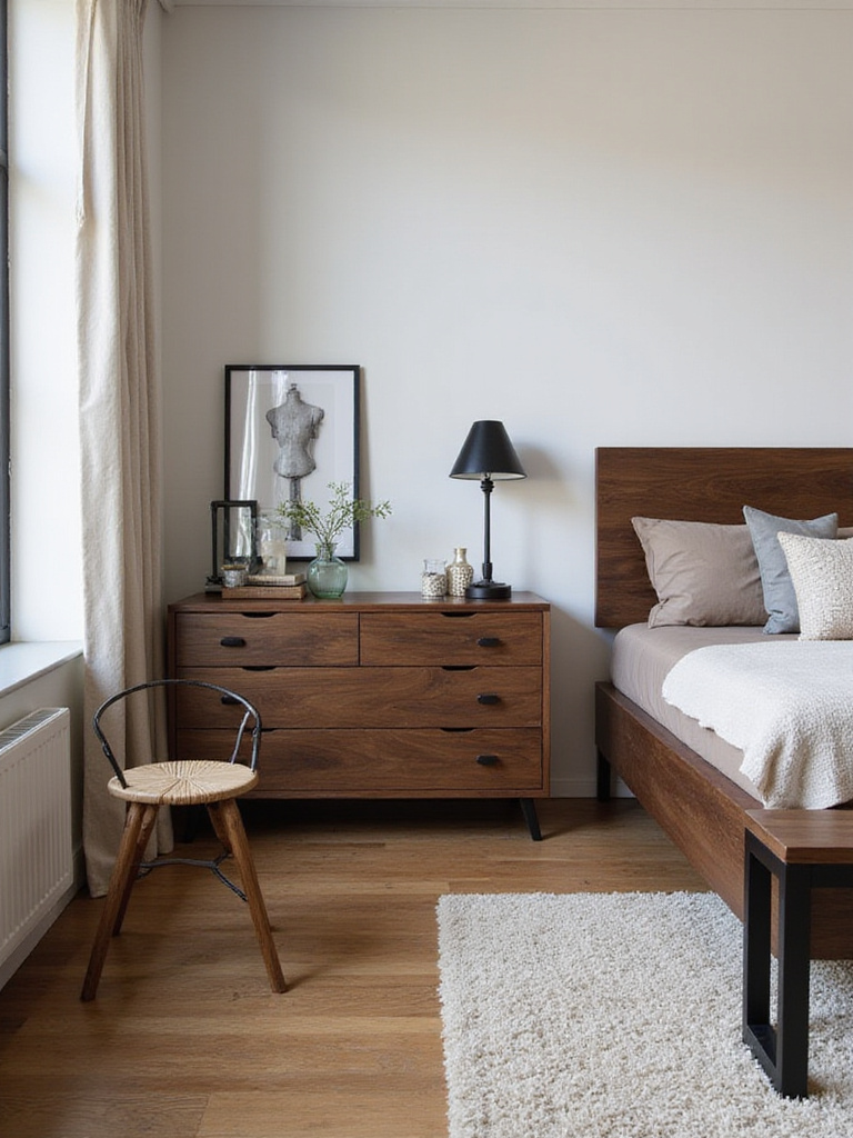 Modern bedroom featuring a blend of wood, metal, and glass materials in a harmonious design