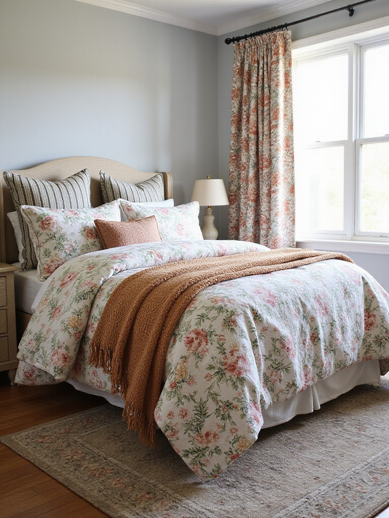 Bedroom featuring layered bedding with mixed patterns in varying scales and colors, including floral, stripe, and geometric designs, alongside a patterned rug and curtains, creating a cozy and visually interesting space.