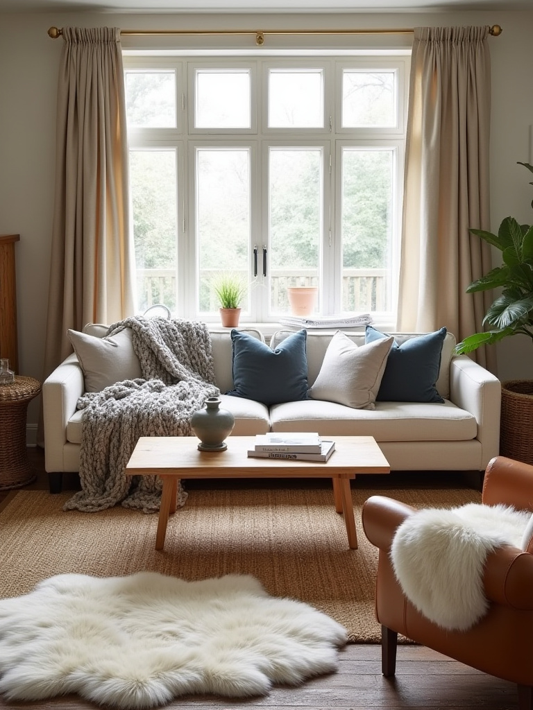 Cozy living room with layered textures including knit blanket, velvet pillows, sisal and faux fur rugs, linen curtains, and leather armchair.