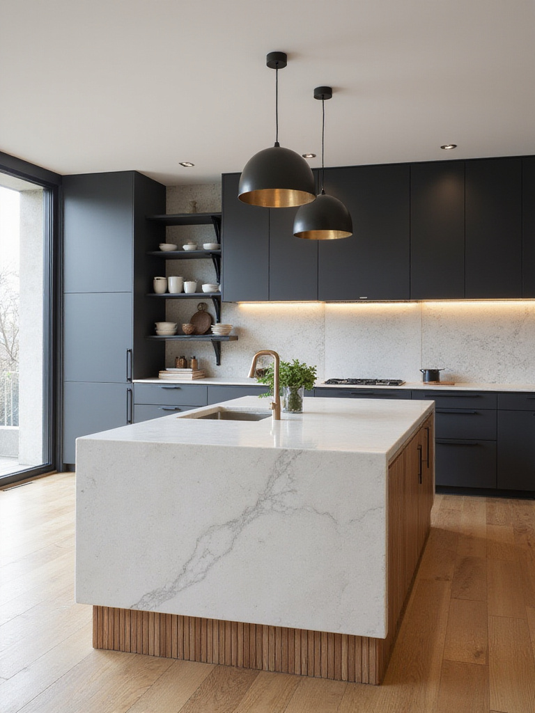 A modern kitchen showcasing mixed materials, featuring a quartz island countertop, dark matte cabinetry, a textured backsplash, and warm wood flooring and island base.