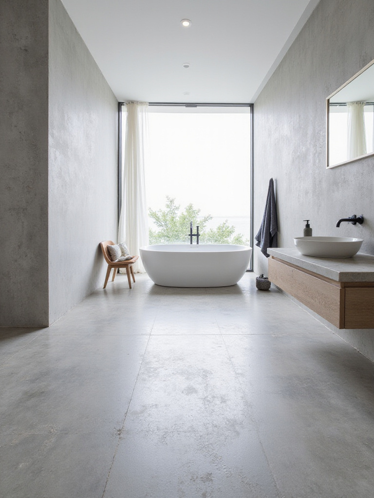 Modern bathroom with light grey concrete-style flooring and freestanding bathtub