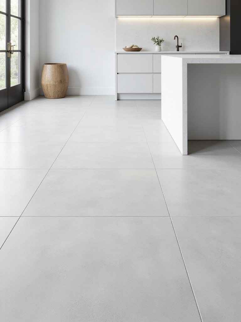 Expansive modern kitchen floor tiled with large format light grey porcelain tiles, creating a seamless and minimalist look.