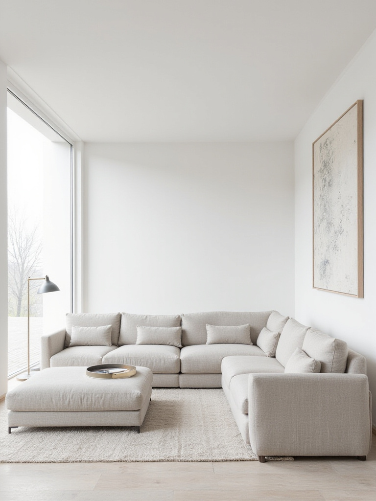Minimalist living room featuring a light neutral modular sofa system configured in an L-shape with an ottoman.