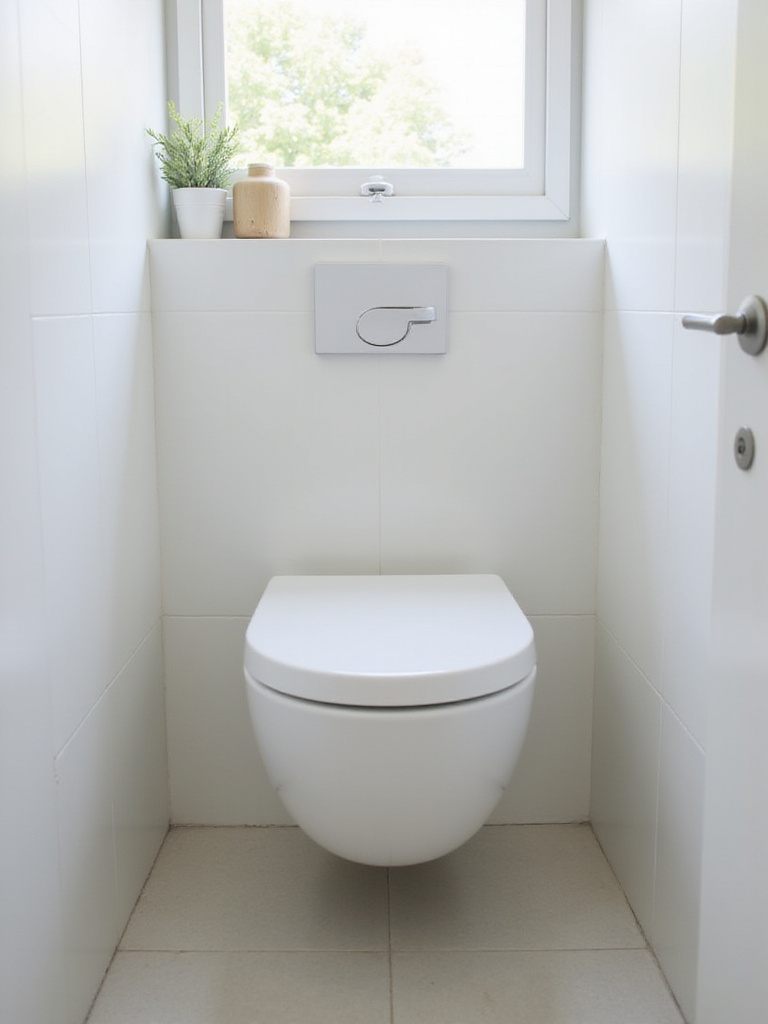Small modern bathroom with a wall-mounted toilet, showing the floor visible underneath to save space.