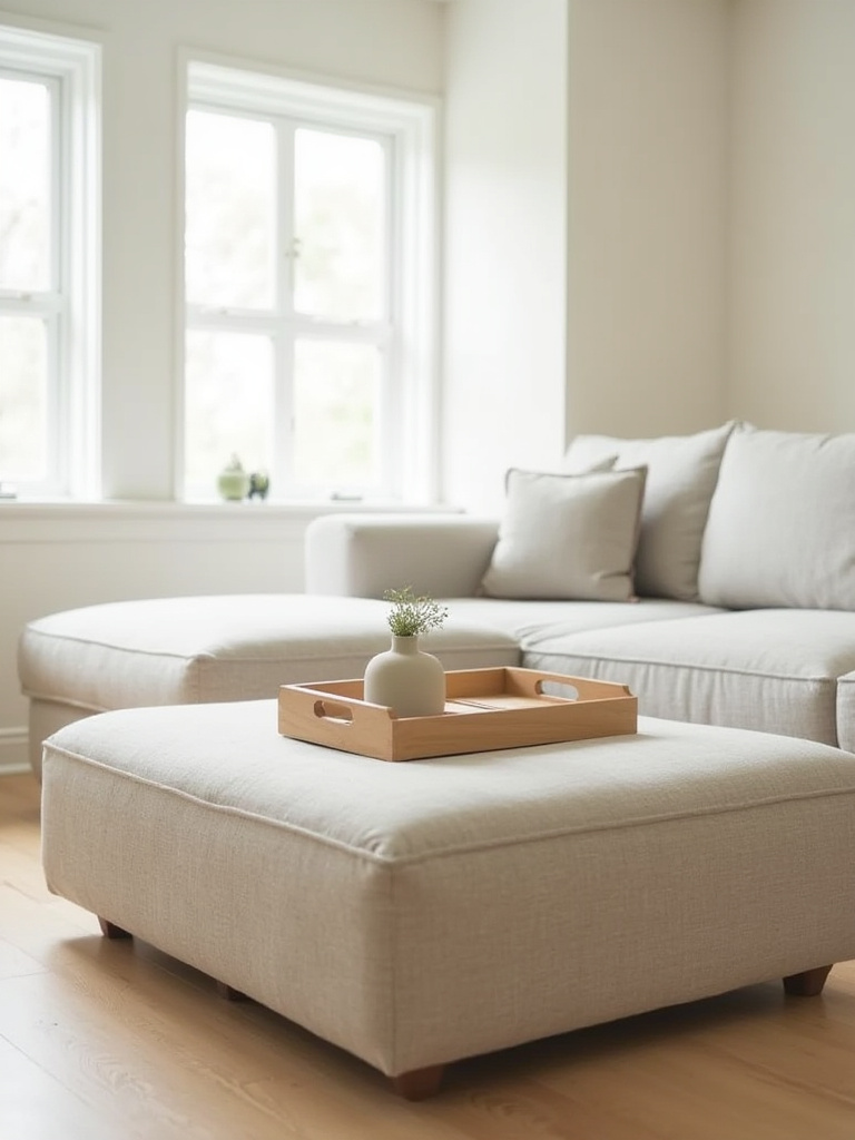 Minimalist living room featuring a neutral-colored multi-functional storage ottoman in front of a sofa, with a simple tray on top, bathed in natural light.