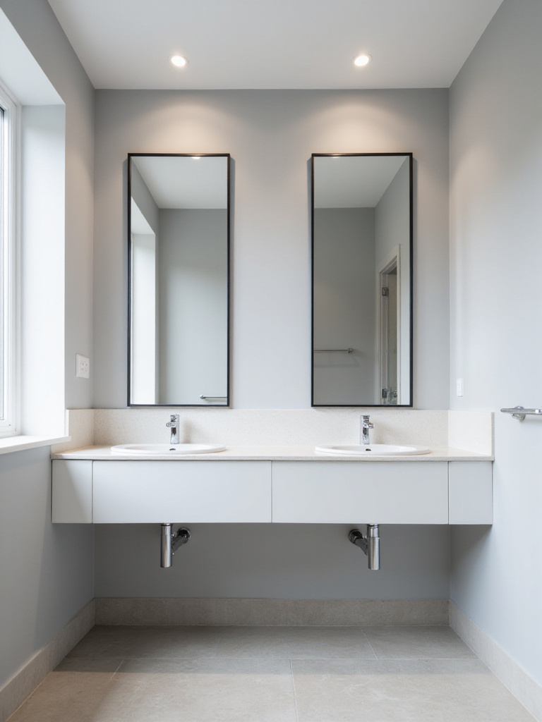 Modern bathroom with double vanity and matching rectangular mirrors