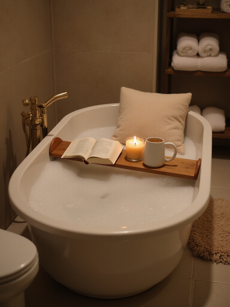 A luxurious bathtub filled with bubbles, featuring essential accessories like a wooden bath tray holding a book and candle, a bath pillow, and a plush floor mat.