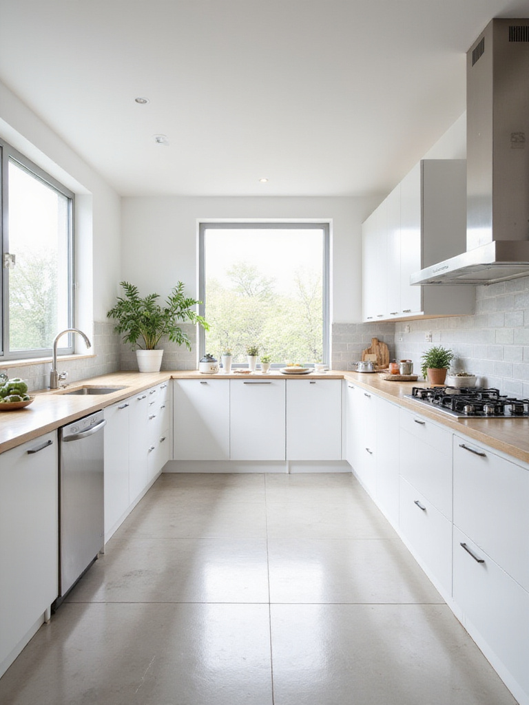 Bright modern kitchen with white cabinets, light wood island, and stainless steel appliances.