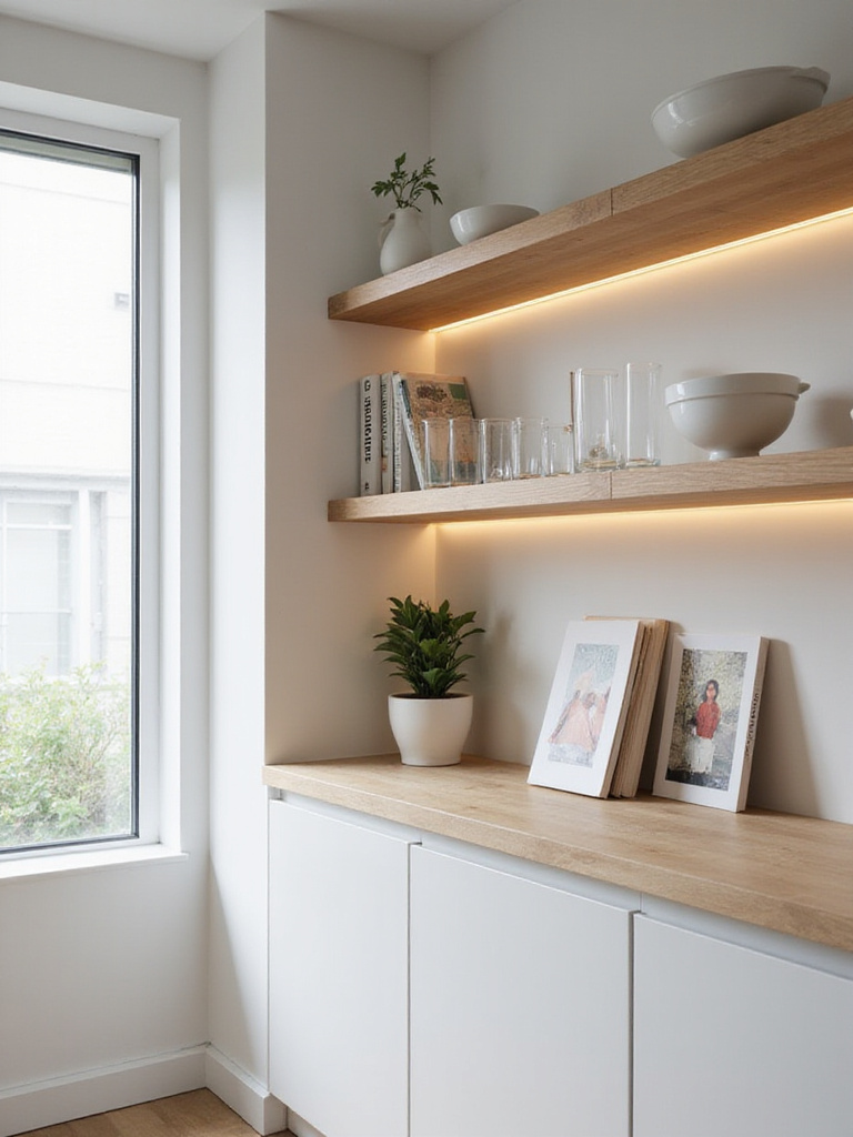 Modern kitchen design featuring open shelving displaying curated white bowls, glass tumblers, a plant, and cookbooks, illustrating a stylish and accessible storage solution.