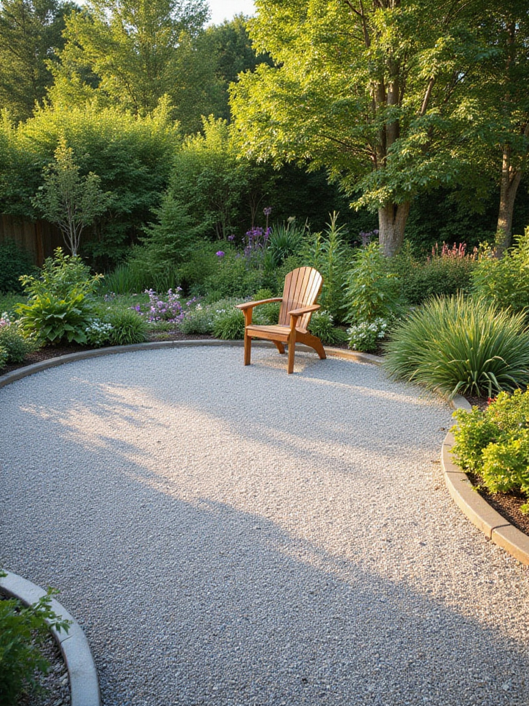 Backyard patio with a compacted grey gravel base bordered by garden beds under warm sunlight.