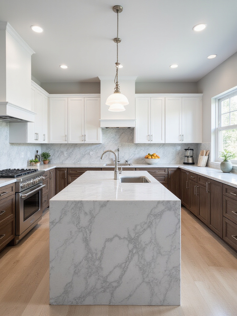 Modern kitchen with light gray quartz countertops, white and dark wood cabinets, featuring a large island and integrated sink, illustrating practical and stylish kitchen surface options.