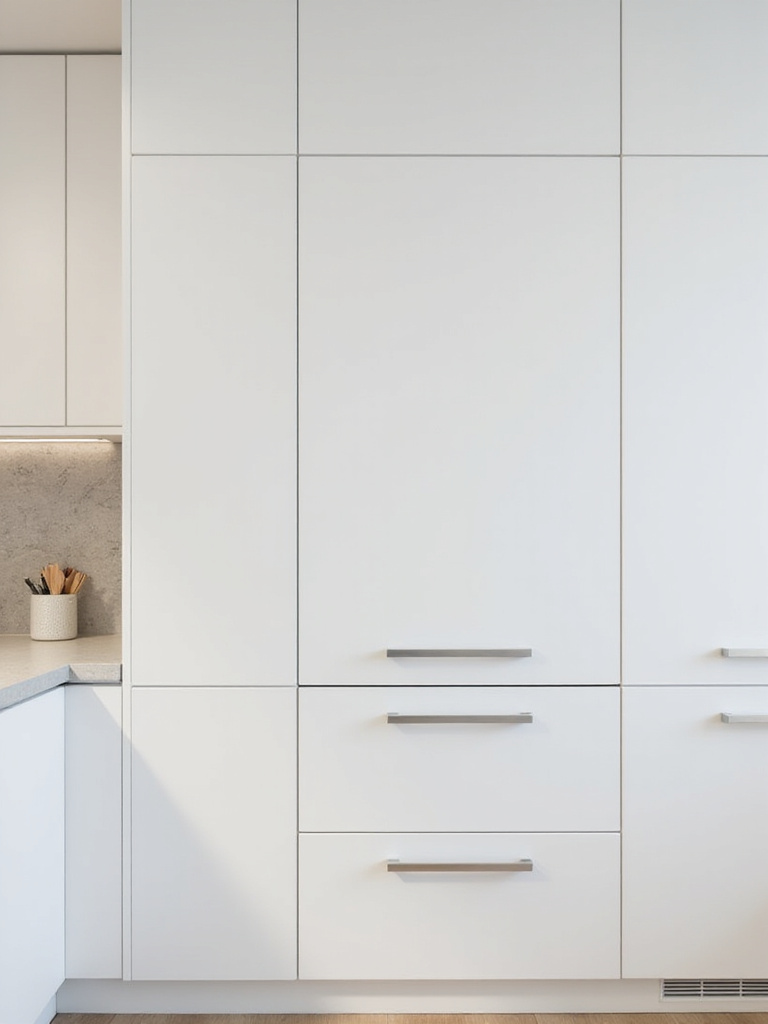 A modern kitchen featuring sleek white flat-panel cabinets with smooth surfaces and minimalist hardware, creating an expansive and clean look.