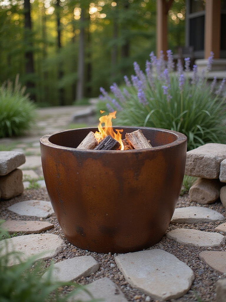 Corten steel fire pit in a rustic backyard with natural stones and greenery under soft evening light.