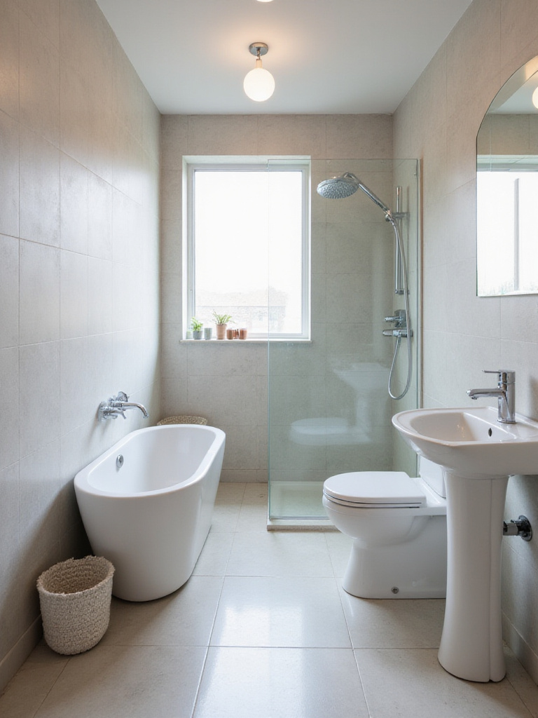 Small bathroom designed for maximum space, featuring either a compact soaking tub or a seamless wet room with walk-in shower area.