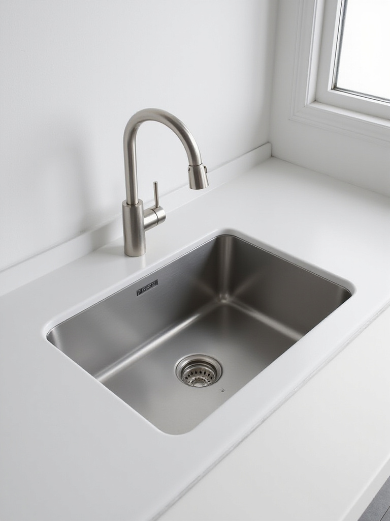 An undermount stainless steel sink in a white kitchen, showing its seamless integration with the countertop for a clean and modern look.