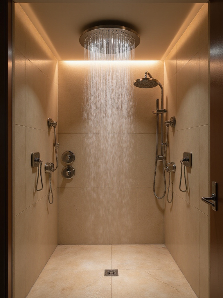 Luxurious modern bathroom with rain shower head and body jets