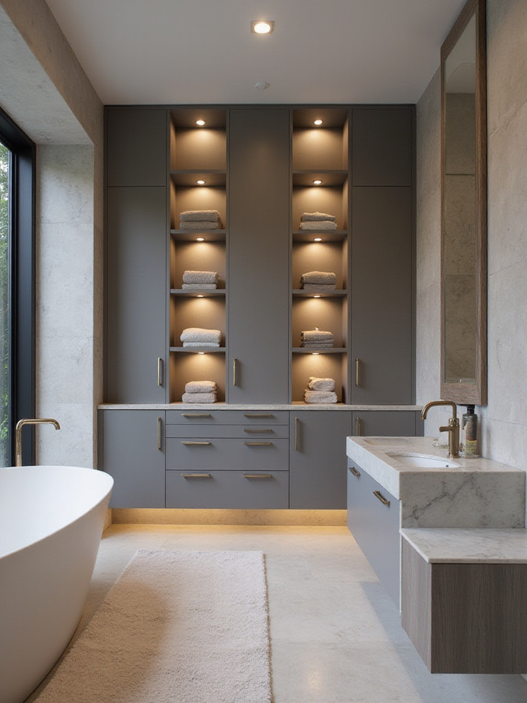 Luxury bathroom featuring seamless custom built-in storage integrated into walls around vanity and tub.