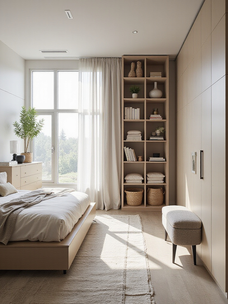 Stylish and organized bedroom featuring clever storage solutions including under-bed drawers, a modern dresser, vertical shelving unit with baskets, and a storage bench, creating a serene and clutter-free space.