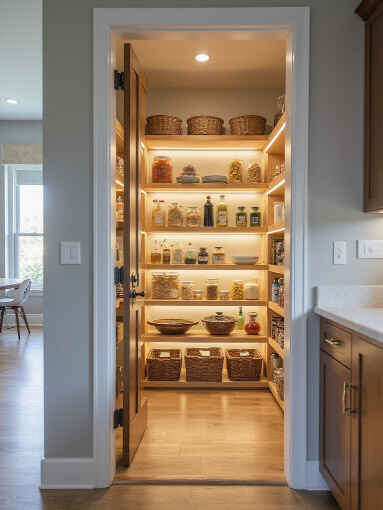 Interior view of a spacious, well-organized walk-in pantry with adjustable shelving, integrated lighting, and various food items neatly stored, adjacent to a modern kitchen.