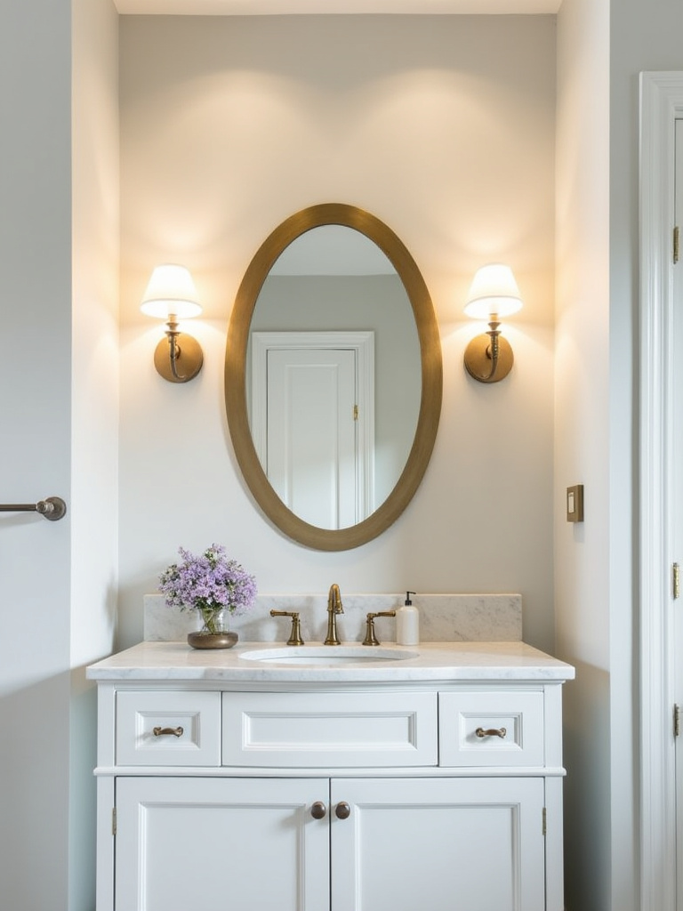 Bathroom with white vanity and oval mirror with gold frame