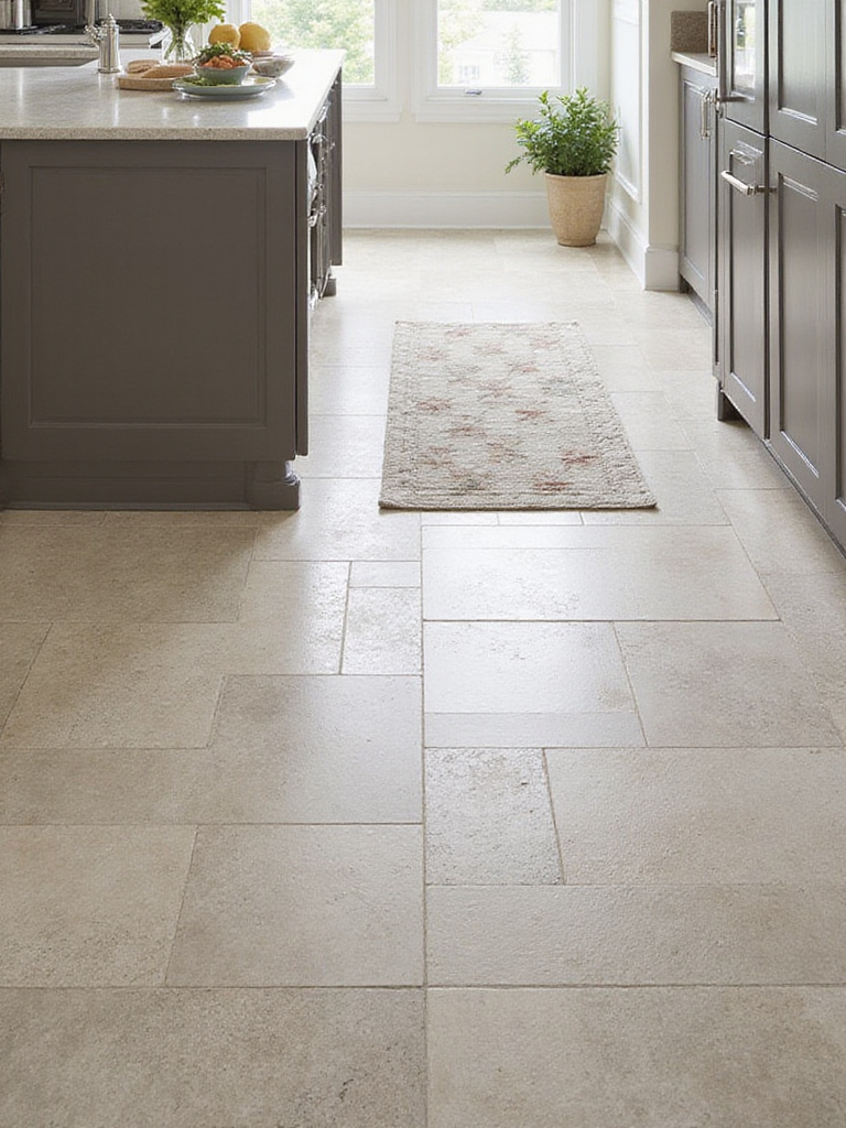Kitchen floor showcasing creative tile layout with a diagonal pattern in the main area and a herringbone pattern 'rug' under the island.