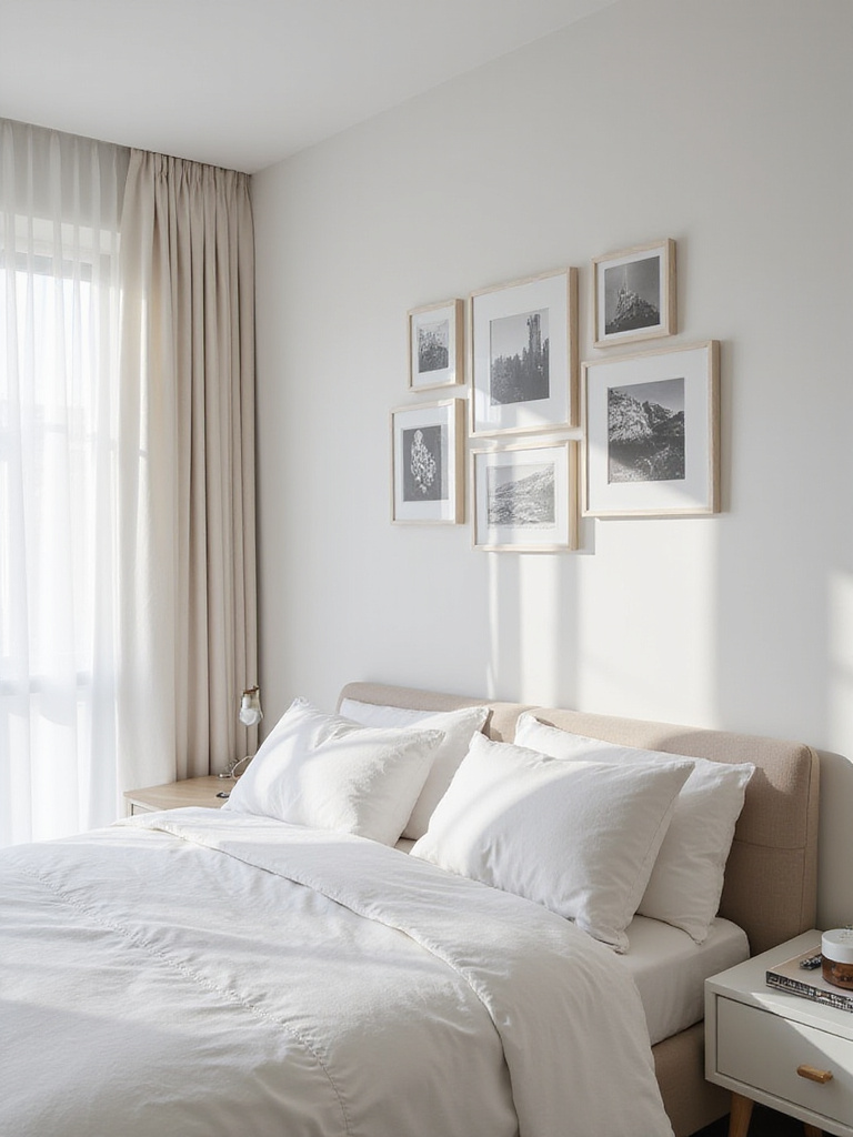 Modern bedroom with a gallery wall showcasing curated personal photos, minimalistic design.