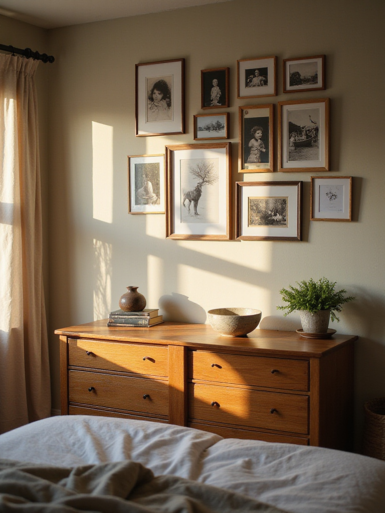 A cozy bedroom featuring a gallery wall of framed photos and curated keepsakes displayed on a dresser, creating a personalized and inviting sanctuary.