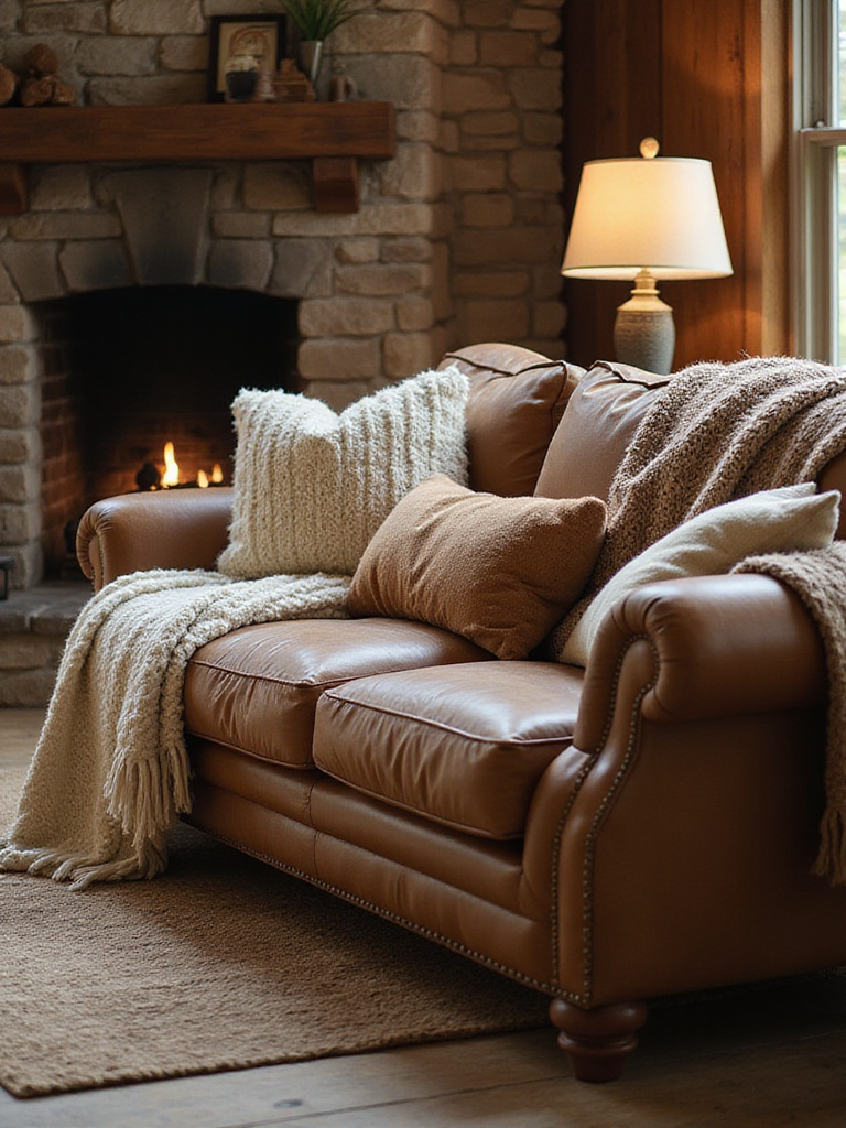 A rustic living room featuring a sofa and armchair generously layered with cozy textiles, including chunky knit and faux fur throws and various textured pillows in earthy colors, creating an inviting and comfortable atmosphere.