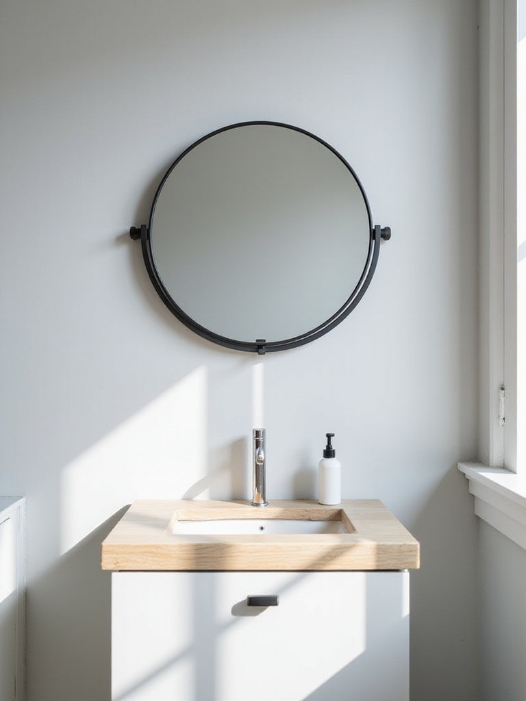 Modern bathroom with a round, matte black framed pivoting mirror above a white vanity.