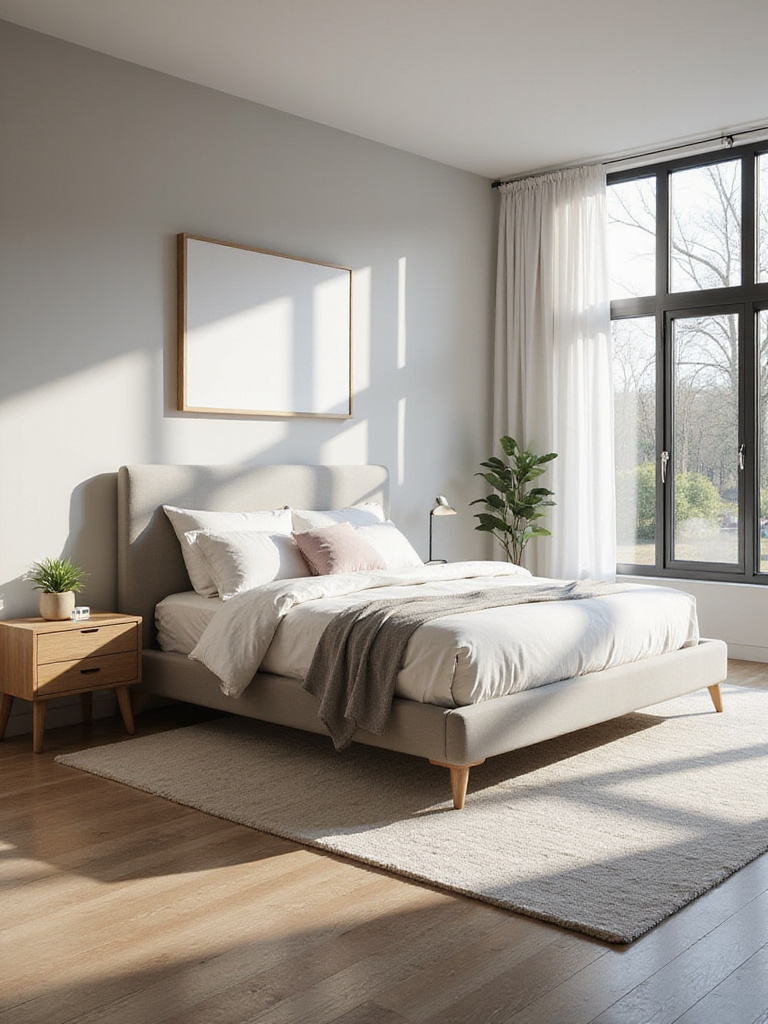 Modern bedroom interior with optimal furniture layout for flow