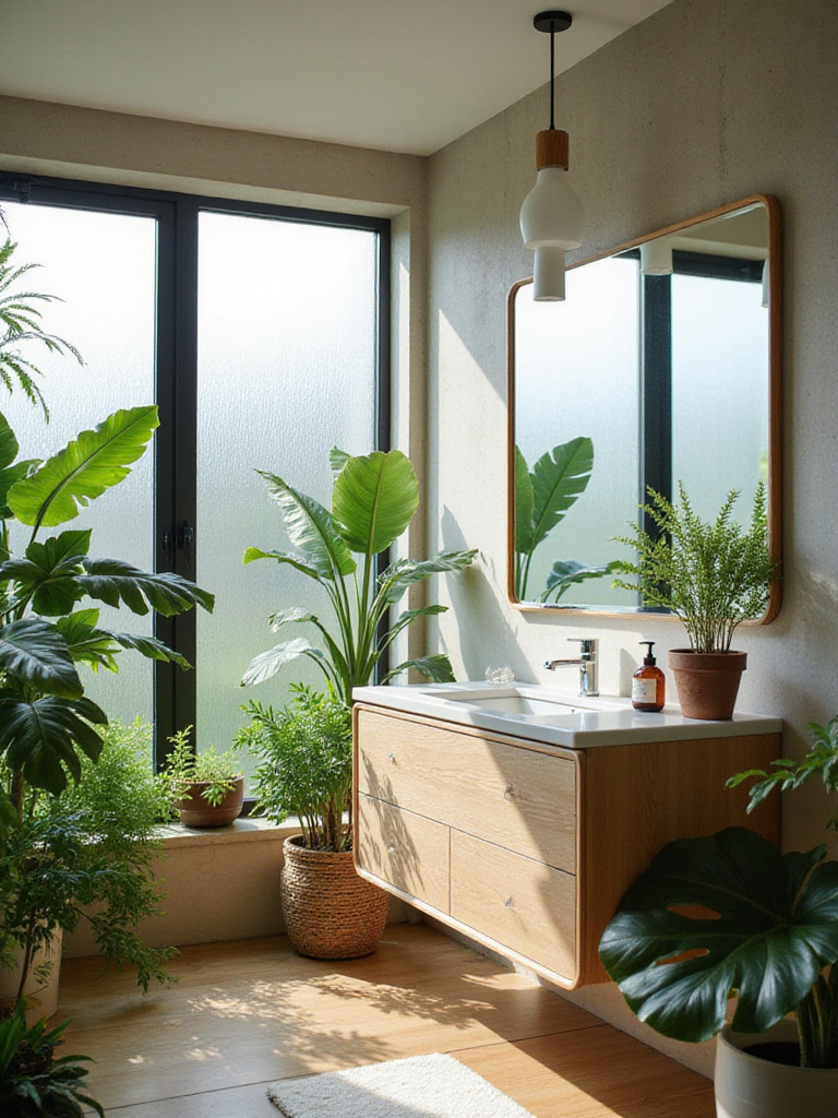 Modern bathroom with humidity-loving plants for decor