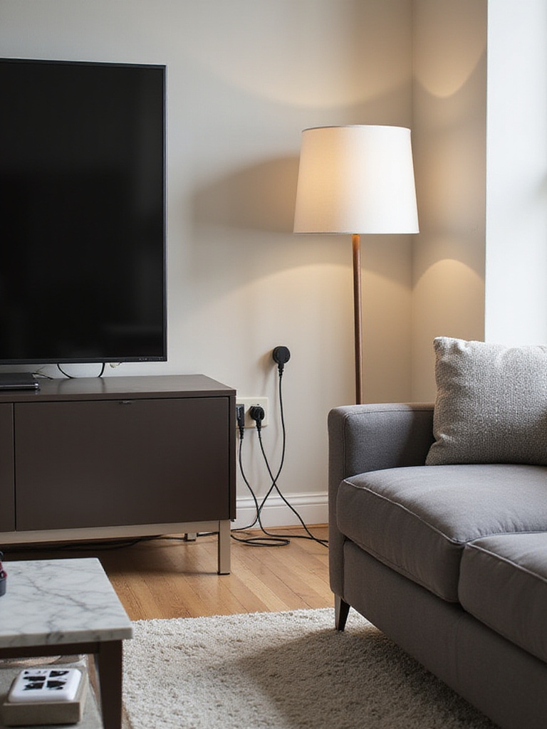 A stylish living room showcasing effective cord management and strategically placed power outlets, with cords neatly hidden behind furniture and in decorative containers, contributing to a clean and organized aesthetic.