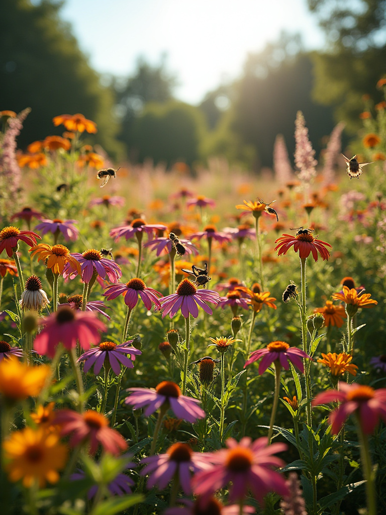 Vibrant pollinator garden filled with wildflowers attracting bees, butterflies, and hummingbirds.