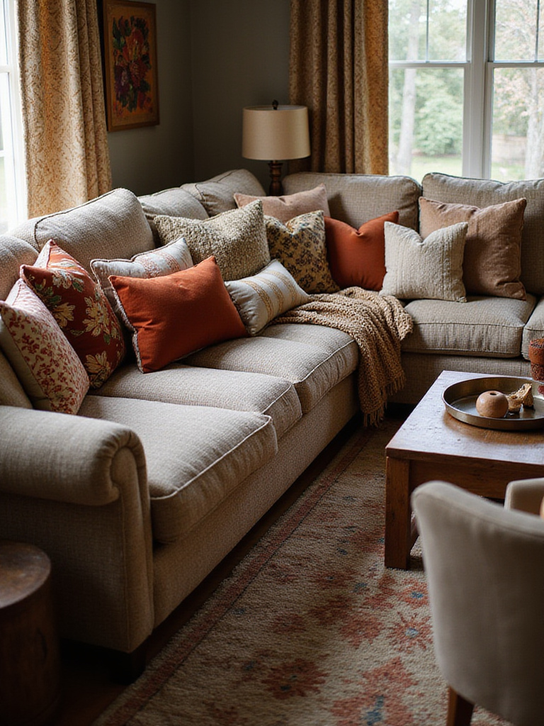 A cozy living room showcasing a mix of patterns and textures, including patterned pillows and rug, textured throw blanket, and varied material finishes on furniture and decor.