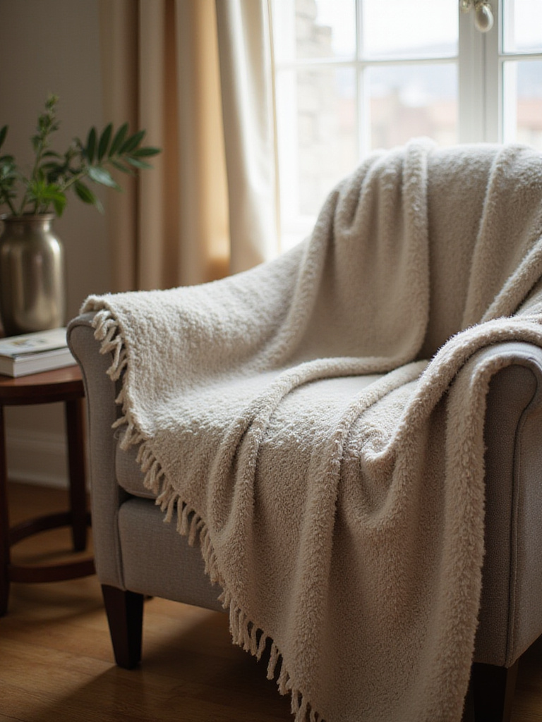 A soft, plush cream throw blanket draped over a comfortable armchair in a cozy living room, suggesting warmth and comfort.