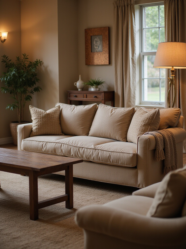 A comfortable and durable living room featuring a plush sofa, solid wood coffee table, and sturdy armchair, layered with soft textiles, illustrating the importance of prioritizing comfort and longevity in furniture choices.