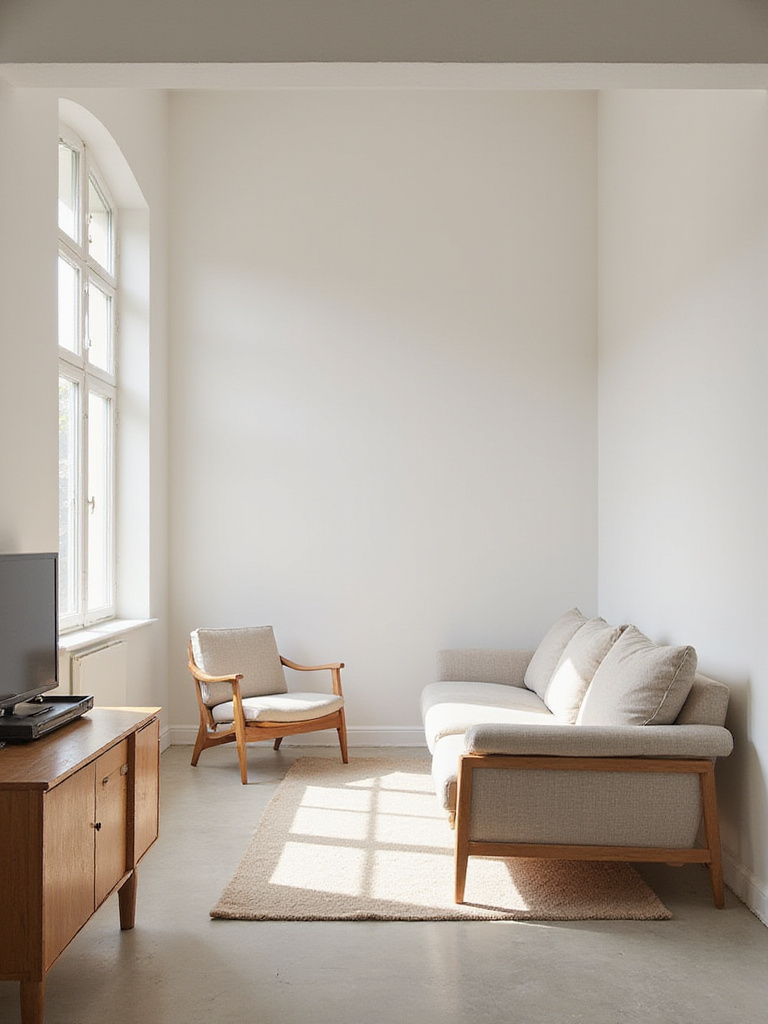 A serene minimalist living room featuring a few high-quality furniture pieces like a classic sofa and solid wood coffee table, illustrating the principle of prioritizing quality over quantity.